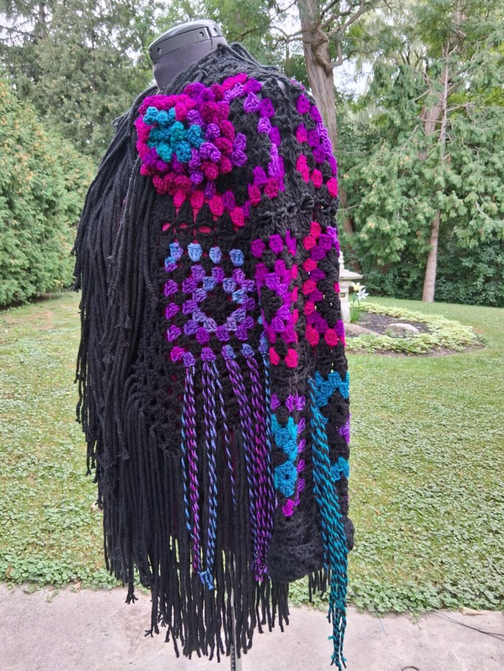 Boho Black Colorful Granny Square Super Fringe Sweater Large - Picture 8 of 13